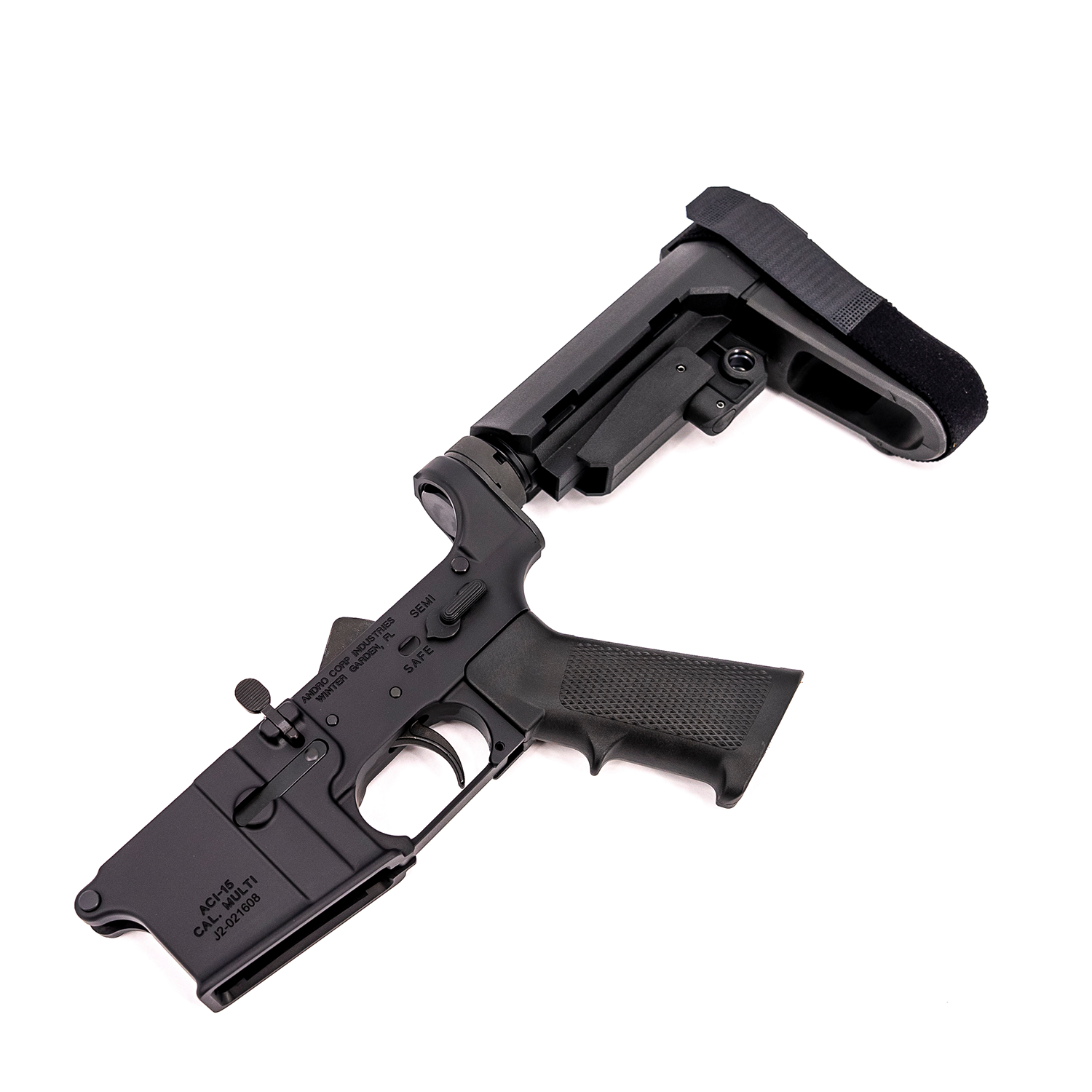 AR15 Lower M4 SBA3 Pistol—complete AR-15 lower with SBA3 pistol brace and M4 buffer tube by Andro Corp Industries. FFL transfer or local pickup required.