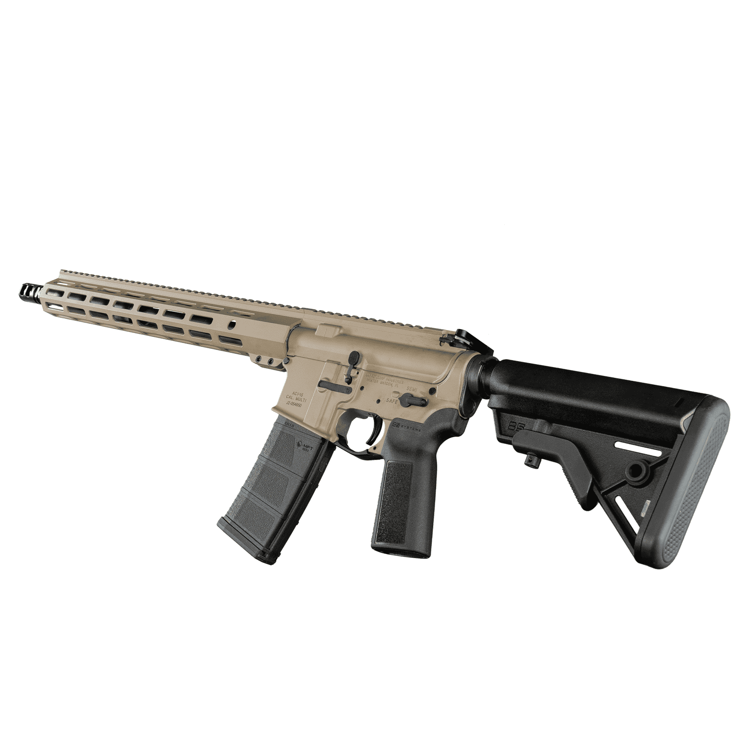 ACI-15 556 BRAVO 16 MOD 0 FDE AR15 with Cerakote FDE finish, 16-inch 4150 CMV Melonite barrel, and B5 Systems Bravo Stock by Andro Corp Industries