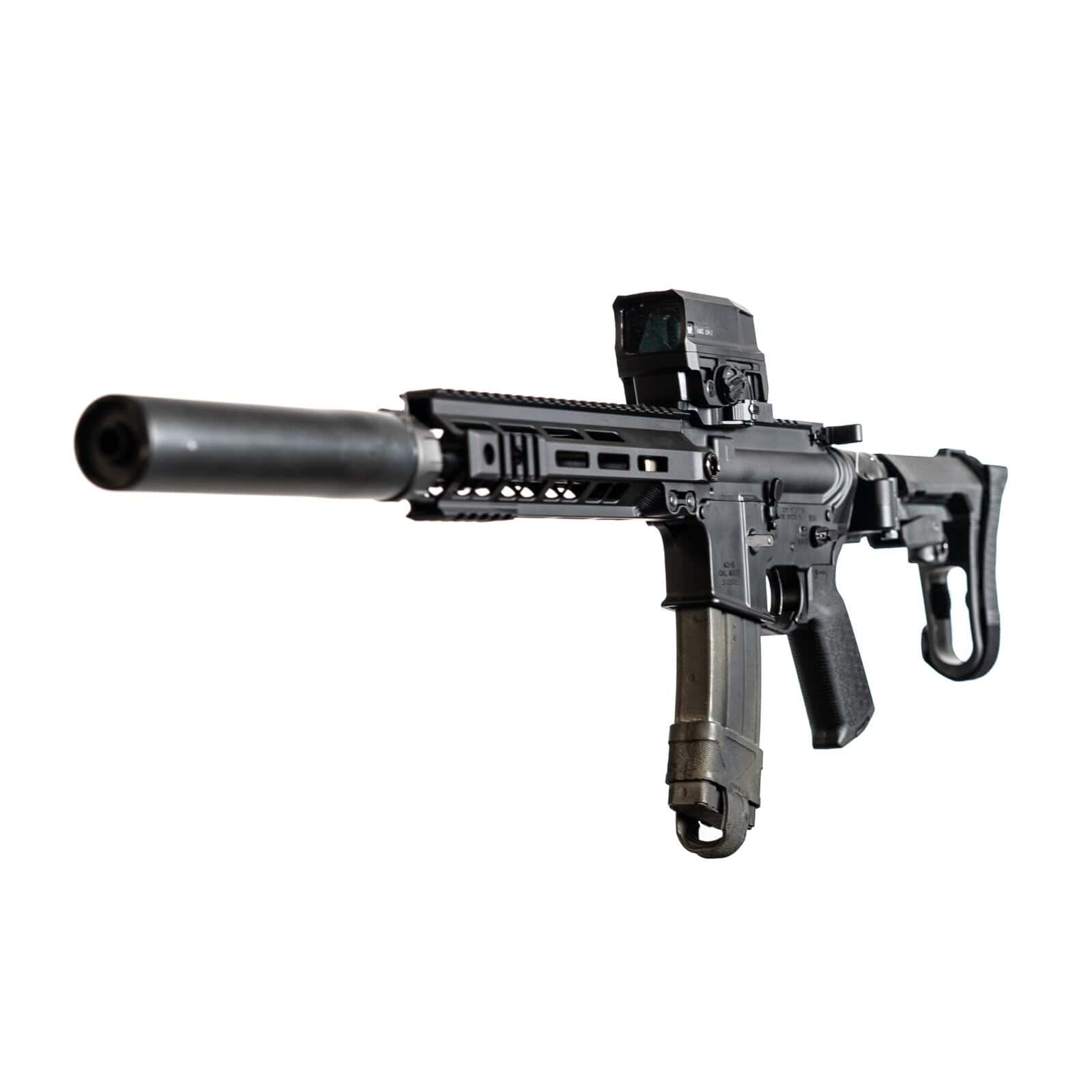 Custom Firearms Gallery—unique AR-15 and AR-10 builds, client projects, and creative rifles by Andro Corp Industries Andro Corp 8 inch 300 Blackout AR pistol with SilencerCo suppressor, SBA3 pistol brace, Law Tactical folding adapter, Geissele rail, and Vortex AMG UH-1 optic, designed for compact suppressed performance and versatility