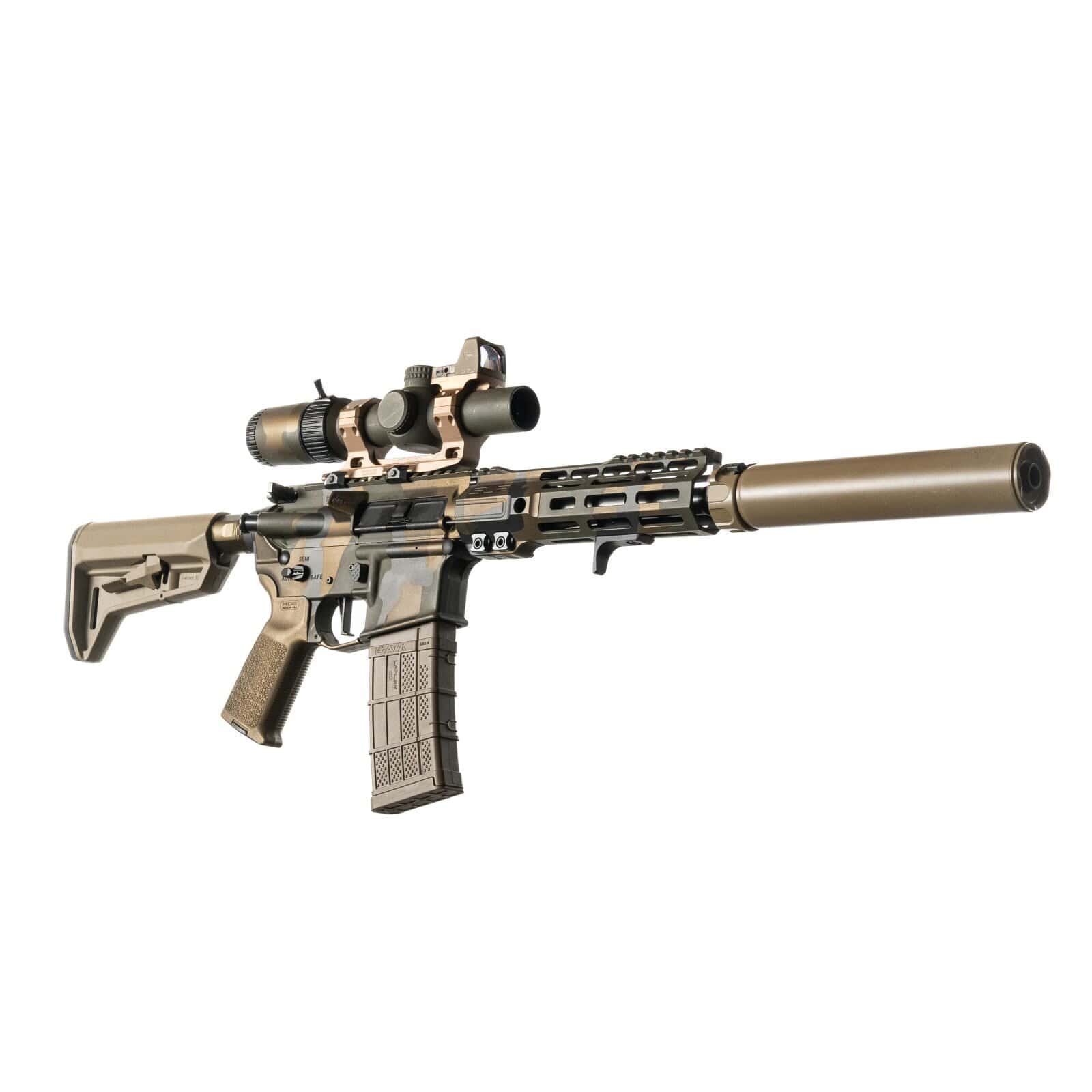 Andro Corp 8 inch 300 Blackout AR15 rifle featuring an SLR Rifleworks rail, SilencerCo suppressor, Vortex 1-10 variable power scope with RMR mounted on the scope mount, CMC 3.5 pound flat trigger, and a multicam Cerakote finish on the upper, lower, and rail with tan furniture